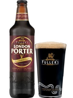 englisches Bier Fuller's London Porter in der 0,5 l Bierflasche mit vollem Bierglas