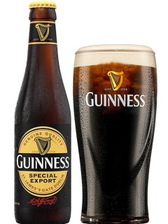 irisches Bier Guinness Special Export in der 33 cl Bierflasche mit vollem Bierglas