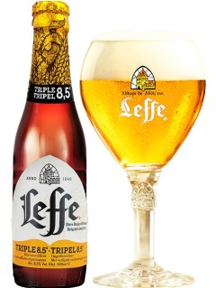 belgisches Bier Leffe Tripel in der 0,33 l Bierflasche mit vollem Bierglas