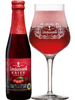 belgisches Bier Lindemans Kriek Lambic in der 0,25 l Bierflasche mit vollem Bierglas
