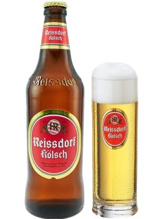 deutsches Bier Reissdorf Koelsch 0,5 l Bierflasche mit vollem Bierglas