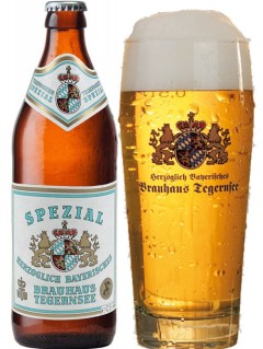 deutsches Bier Tegernseer Spezial in der 5,0 l Bierflasche mit vollem Bierglas