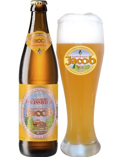 deutsches Bier Jacob Naturtrübes Hefe Weissbier in der 0,5 l Bierflasche mit vollem Bierglas