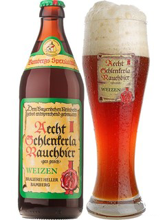 deutsches Bier Aecht Schlenkerla Rauchbier Weizen in der 0,5 l Bierflasche mit vollem Bierglas