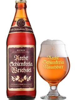 deutsches Bier Aecht Schlenkerla Weichsel 0,5 l Bierflasche mit vollem Bierglas