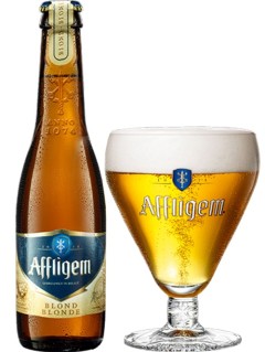 belgisches Bier Affligem Blonde in der 33 cl mit vollem Bierglas