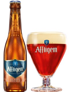 belgisches Bier Affligem Dubbel in der 33 cl Bierflasche mit vollem Bierglas