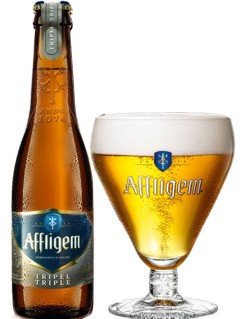 belgisches Bier Affligem Tripel in der 33 cl Bierflasche mit vollem Bierglas