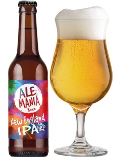deutsches Bier Ale Mania Bonn New England IPA 0,33 l Bierflasche mit vollem Bierglas