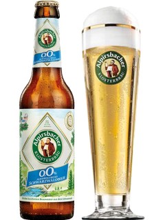 deutsches Bier Alpirsbacher alkoholfreies Schwarzwaldbier in der 33 cl Bierflasche mit vollem Bierglas