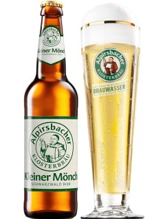 deutsches Bier Alpirsbacher Klosterbräu Kleiner Mönch 0,33 l Bierflasche mit vollem Bierglas