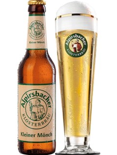 deutsches Bier Alpirsbacher Klosterbräu Kleiner Mönch in der 33 cl Bierflasche mit vollem Bierglas