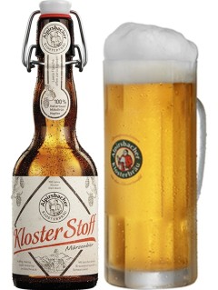 deutsches Bier Alpirsbacher Klosterstoff in der 33 cl Bierflasche mit gefülltem Bierglas