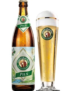 deutsches Bier Alpirsbacher Pils in der 0,5 l Bierflasche mit vollem Bierglas