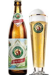 deutsches Bier Alpirsbacher Spezial in der 0,5 l Bierflasche mit vollem Bierglas