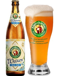 deutsches Bier Alpirsbacher Weizen Hefe Hell in der 0,5 l Bierflasche mit vollem Bierglas
