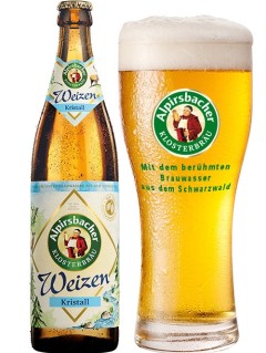 deutsches Bier Alpirsbacher Weizen Kristall in der 0,5 l Bierflasche mit vollem Bierglas