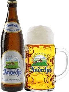 deutsches Bier Bergbock Hell in der 0,5 l Bierflasche mit vollem Bierglas