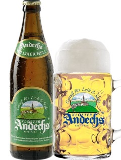 deutsches Bier Andechs Vollbier Hell in der 0,5 l Bierflasche mit vollem Bierglas