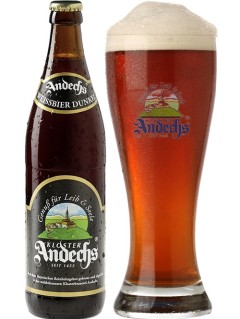 deutsches Bier Andechs Weißbier Dunkel in der 0,5 l Bierflasche mit vollem Bierglas