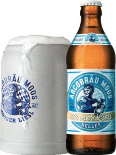 deutsches Bier Arcobräu Mooser Liesl in der 33 cl Bierflasche mit vollem Bierkrug