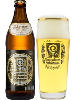 deutsches Bier Augustiner Edelstoff in der 0,5 l Bierflasche mit vollem Bierglas