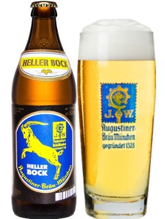 deutsches Bier Augustiner Heller Bock in der 0,5 l Bierflasche mit vollem Bierglas