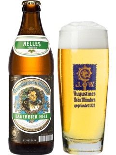 deutsches Bier Augustiner Lagerbier Hell in der 0,5 l Bierflasche mit vollem Bierglas