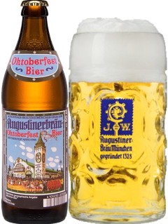 deutsches Bier Augustiner in der 0,5 l Bierflasche mit vollem Bierglas