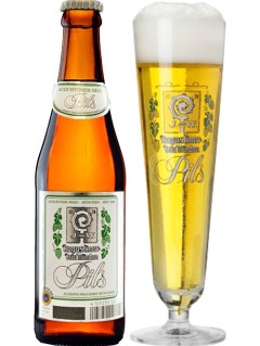 deutsches Bier Augustiner Pils in der 33 cl Bierflasche mit vollem Bierglas