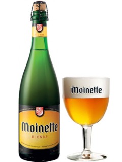 belgisches Bier Dupont Moinette Blond in der 75 cl Bierflasche mit gefülltem Bierglas