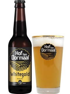 belgisches Bier Hof ten Dormaal Whitegold in der 33 cl Bierflasche mit gefülltem Bierglas