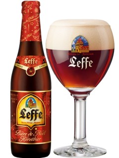belgisches Bier Leffe Christmas in der 0,33l Bierflasche mit gefülltem Bierglas