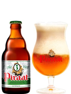 belgsiches Bier Piraat Tripel Hop in der 33 cl Bierflasche mit gefülltem Bierglas