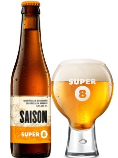 belgisches Bier Super 8 Saison in der 33 cl Bierflasche mit gefülltem Bierglas