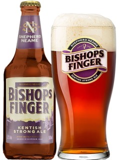 englisches Bier Bishops Strong Ale in der 0,5 l Bierflasche mit vollem Bierglas