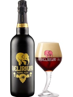 belgisches Bier Black Delirium Barrel Aged 0,75 l Bierflasche mit vollem Bierglas
