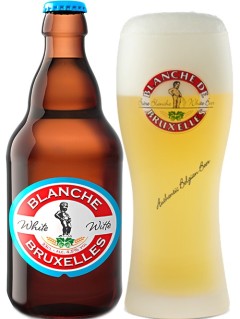 belgisches Bier Blanche Bruxelles in der 33 cl Bierflasche mit vollem Bierglas