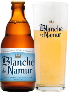 belgisches Bier Blanche de Namur 0,33 l Bierflasche mit vollem Bierglas