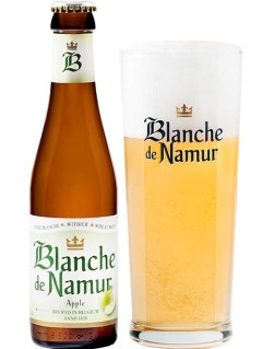 belgisches Bier Blanche de Namur Apple in der 33 cl Bierflasche mit vollem Bierglas