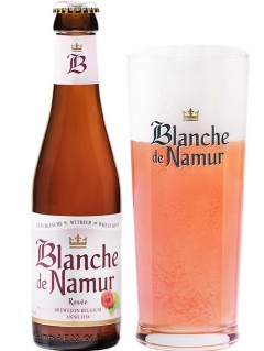 belgisches Bier Blanche de Namur Rosé in der 33 cl Bierflasche mit vollem Bierglas