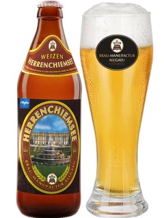 deutsches Bier Brau Manufactur Allgäu Weizen Herrenchiemsee in der 0,5 l Bierflasche mit vollem Bierglas