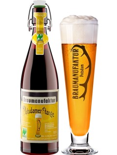 deutsches Bier Braumanukaktur Potsdamer Stange in der 0,5 l Bierflasche mit vollem Bierglas