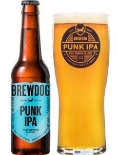 schottisches Bier BrewDog Punk IPA in der 33 cl Bierflasche mit vollem Bierglas