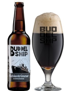 deutsches Bier Buddelship Kohlentrimmer Schwarzbier in der 0,33 l Bierflasche mit vollem Bierglas
