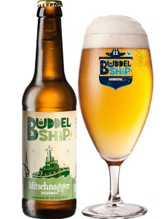 deutsches Bier Buddelship Mitschnagger Pilsener in der 33 cl Bierflasche mit vollem Bierglas