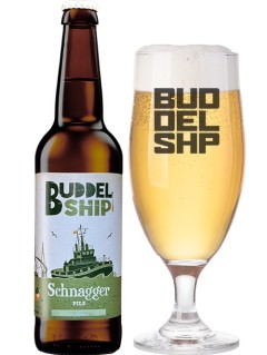 deutsches Bier Buddelship Schnagger Pils in der 0,33 l Bierflasche mit vollem Bierglas