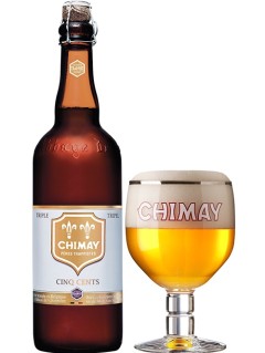 belgisches Bier Chimay Cinq Cents  in der 0,75 l Flasche mit vollem Bierglas