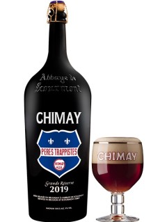 belgisches Bier Chimay Grande Reserve 2019 Magnum in der 1,5 l Bierflasche mit vollem Bierglas
