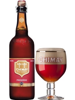 belgisches Bier Chimay Premiere Rouge Bierflasche in der 0,75l Flasche mit vollem Bierglas
